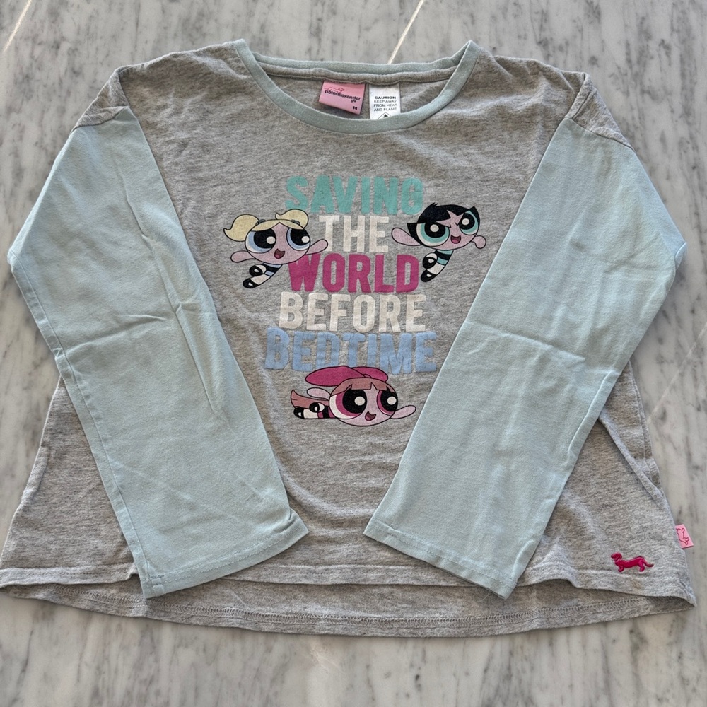 Peter Alexander Girls Powerpuff Pajama long sleeve top. Grey and blue. Jnr 14